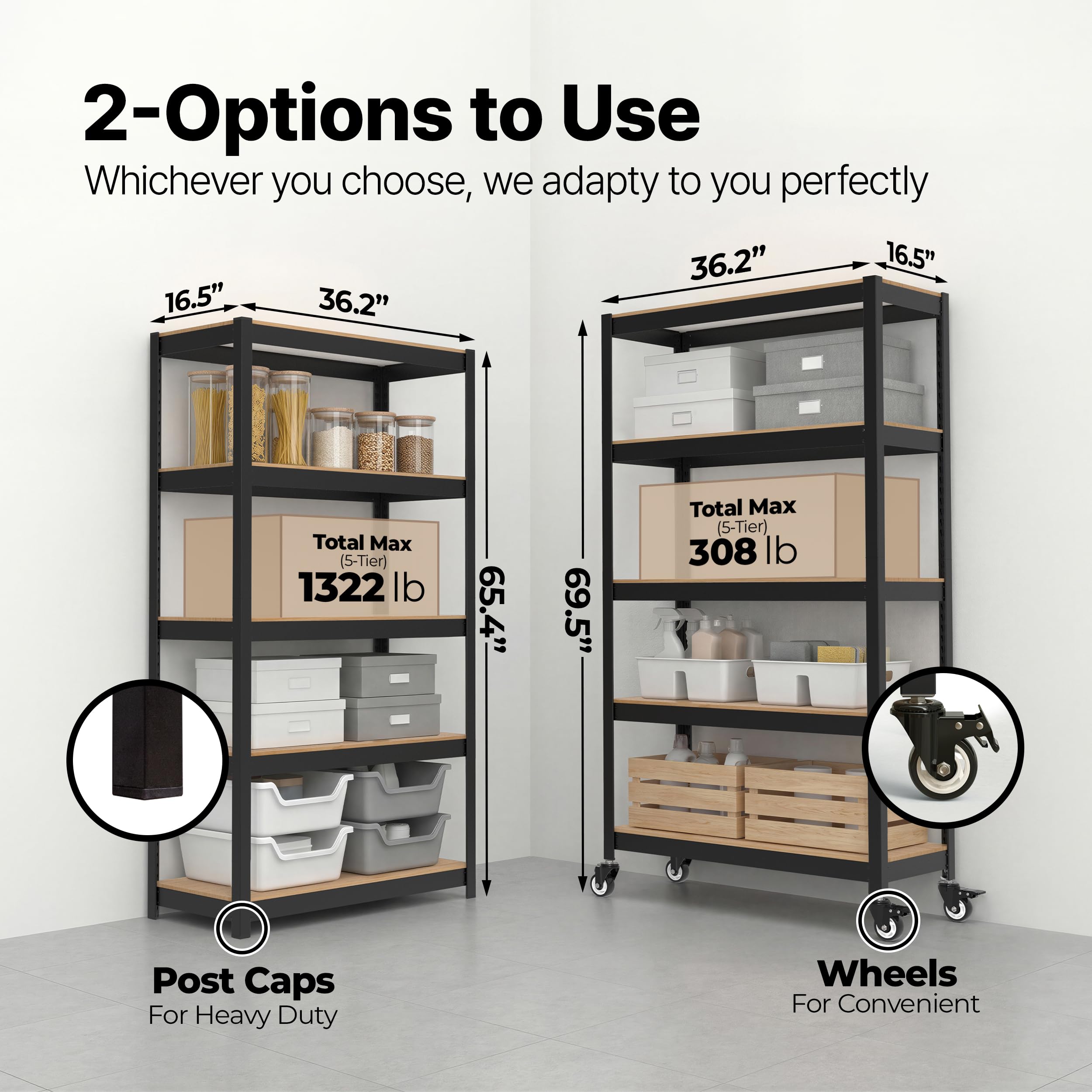 HOMEDANT House Black 36.2" W 5 Tier Rolling Storage Shelves Metal Cart