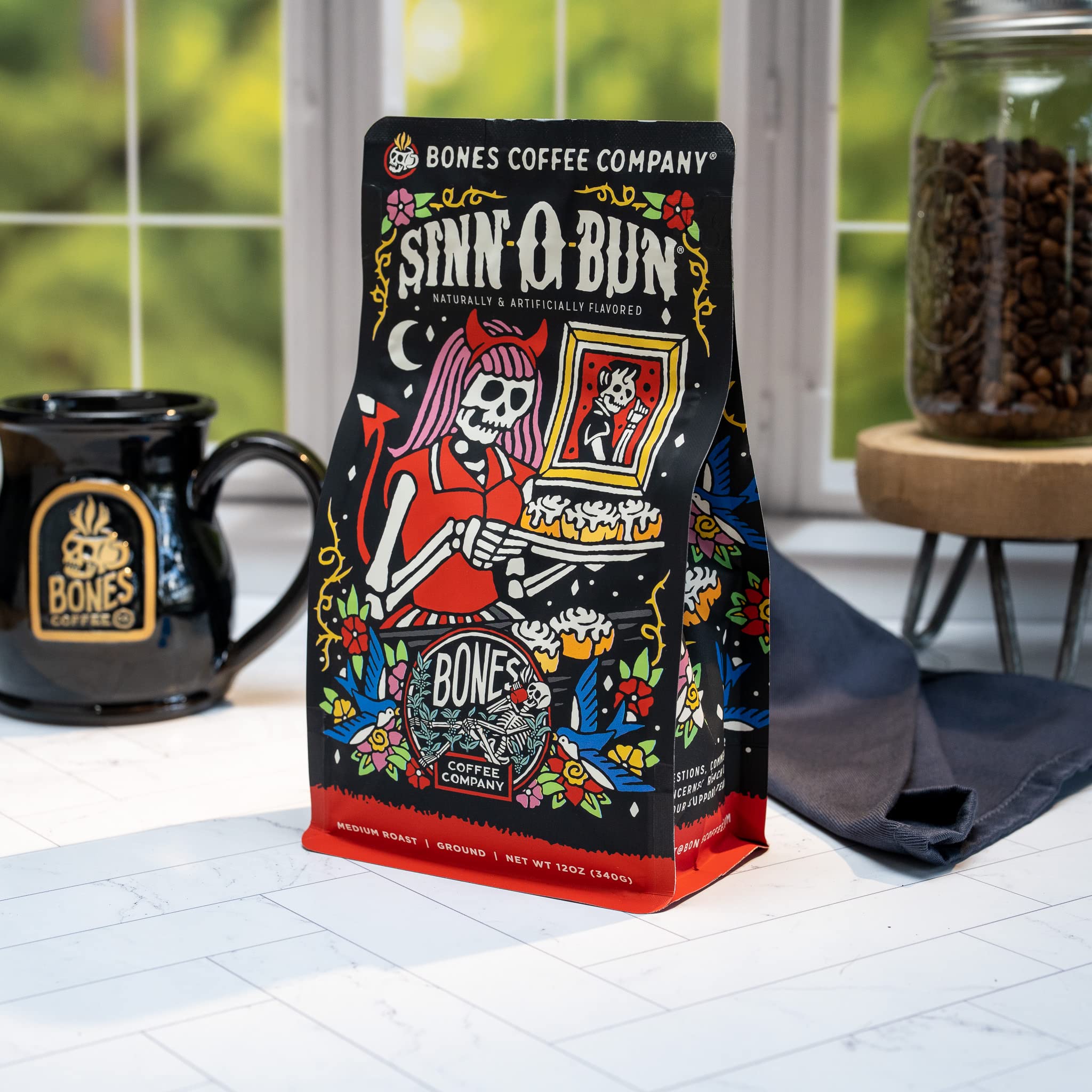 Bones Coffee Company Cinnamon Roll Flavored Coffee, Medium Roast Low Acid Arabica Beans Compatible with Auto drip and French Press Coffee Maker, 12 Oz Whole Bean