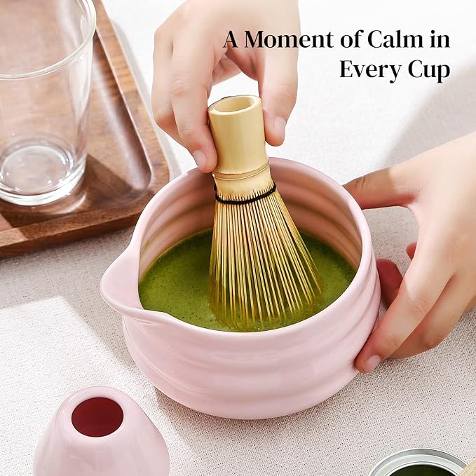 DOWAN Matcha Whisk Set, 7 Pcs Matcha Set Includes Bowl with Spout, Whisk and Holder, Bamboo Scoop and Holder, Sifter and Tea Towel - Matcha Kit Gift for Lovers Beginners (Pink)