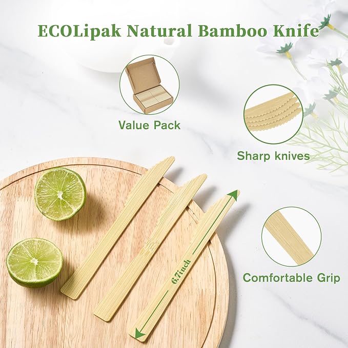 ECOLipak 300 Count Disposable Compostable Bamboo Knives for Party, Dinner