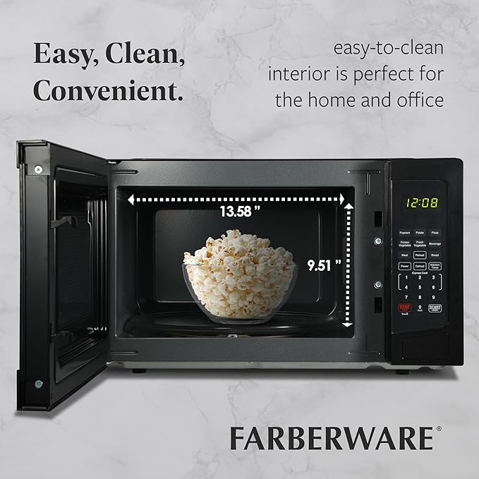 Farberware 1.1 Cu. Ft. Countertop Microwave Oven – 1000 Watts Power, Auto Cook Settings, Defrost, Easy Clean and Child Safety Lock - Black