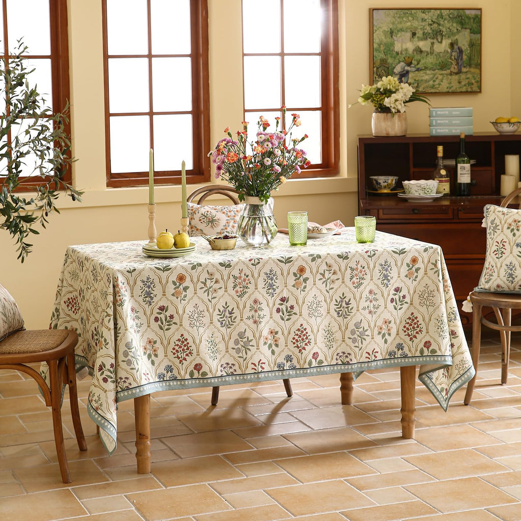 ISAENNE Designer Vintage Linen Rectangular Tablecloth,110"x63"-Serenity B