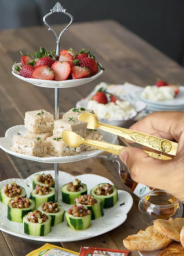 HINMAY 6PCS Mini Serving Tongs 5" Small Rose Appetizer Tongs (Gold)
