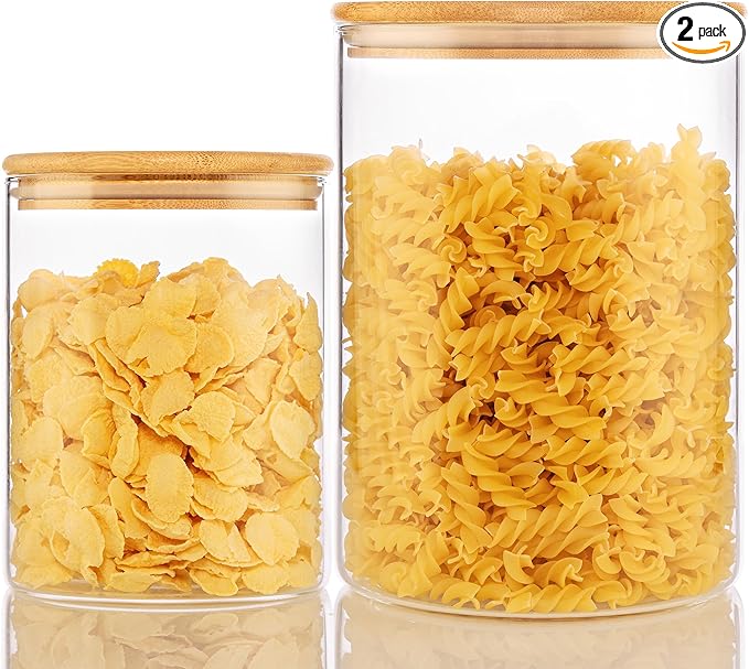 Large Glass Storage Containers with Bamboo Lids for Flour & Sugar, 2 Pack