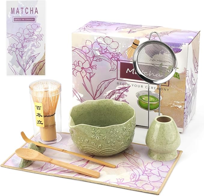 VENSEEN Matcha Whisk Set with Japanese Ceramic Bowl & Whisk, 8-Piece