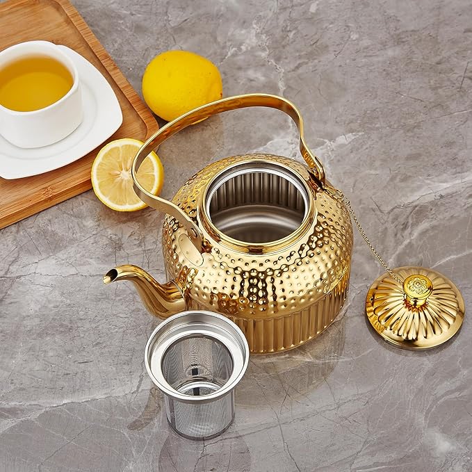 SANQIAHOME Antique 1.4L (45 Oz) Stainless Steel Teapot with Infuser Gold