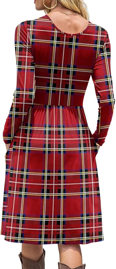DB MOON Womens Casual Long Sleeve Dresses Empire Waist Knee Length Loose Dress with Pockets (DBL Red Plaid, 3XL)