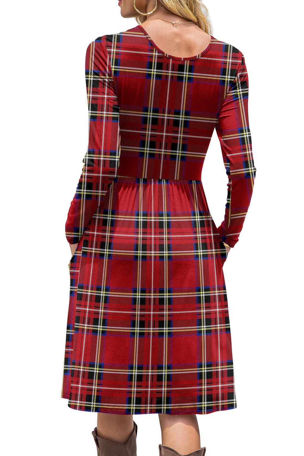 DB MOON Womens Casual Long Sleeve Dresses Empire Waist Knee Length Loose Dress with Pockets (DBL Red Plaid, L)