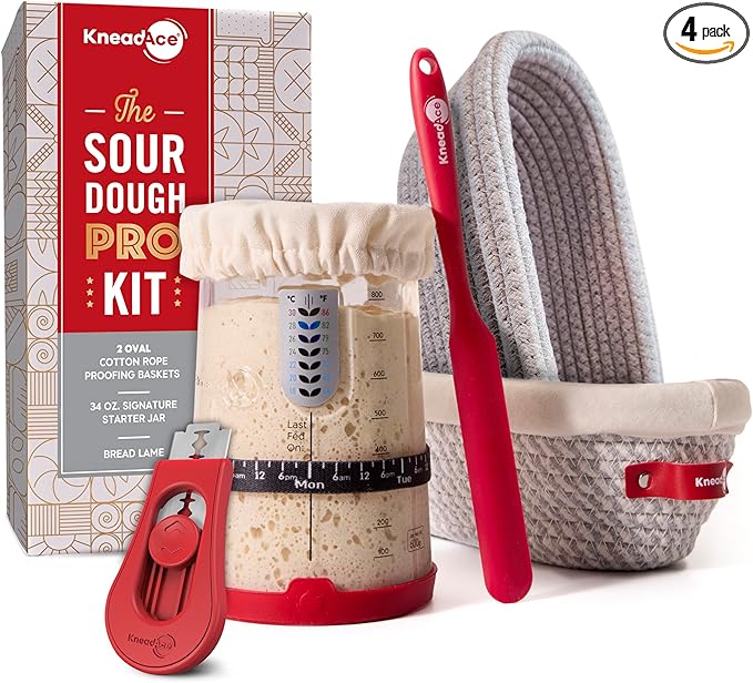KneadAce Sourdough Starter Kit – 34oz Starter Jar, 2 Oval Banneton Proofing Baskets, Magnetic Bread Lame for Scoring – Gift for Bakers & Complete Sourdough Bread Baking Set