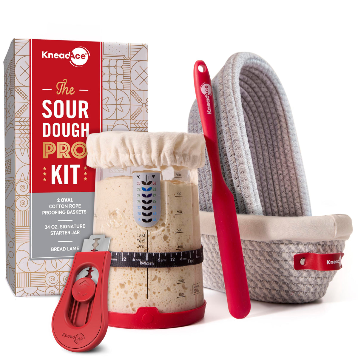 KneadAce Sourdough Starter Kit – 24oz Starter Jar, 2 Cotton Rope Banneton Proofing Baskets, Magnetic Bread Lame for Scoring – Gift for Bakers & Complete Sourdough Bread Baking Set