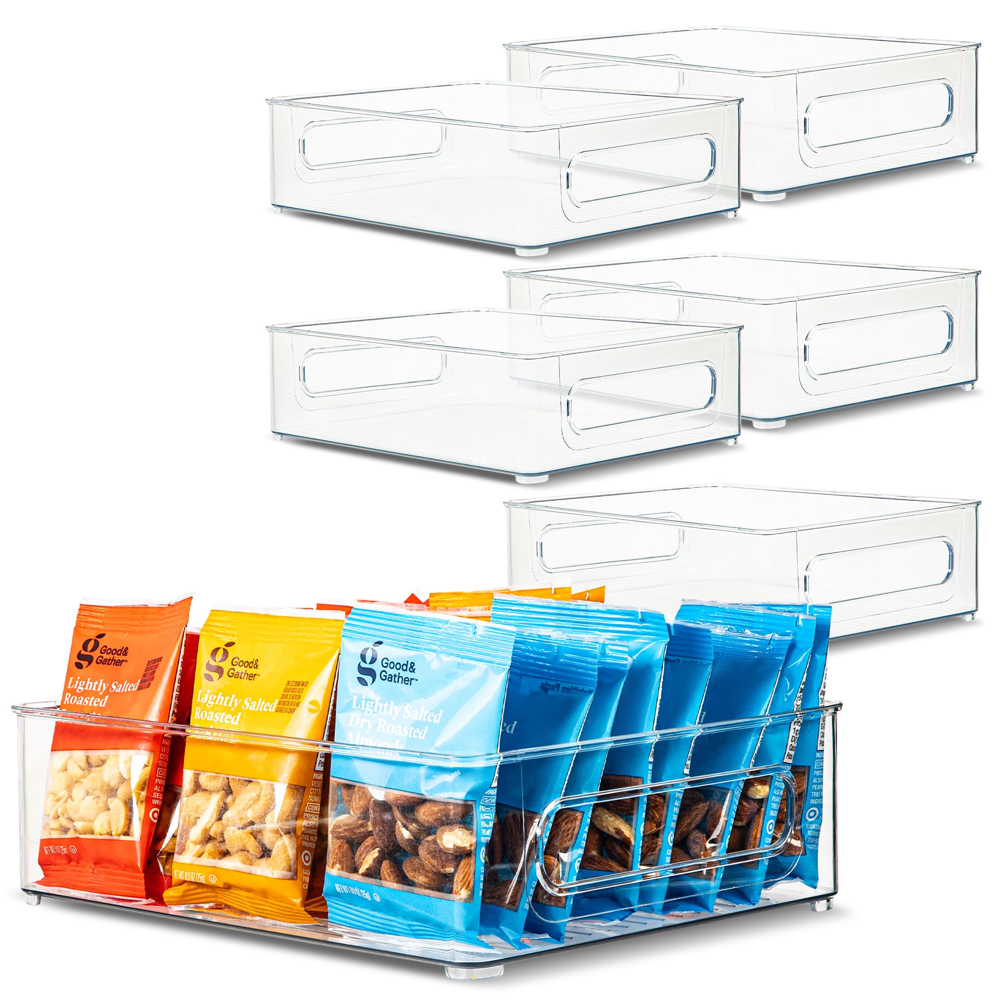Plastic Food Storage 6 Pack Clear Container Bin with Handles for Organizing Kitchen, Pantry, Refrigerator, Freezer, Pantry, Cabinet, Closet, Bathroom. Stackable 10”x8”x3”