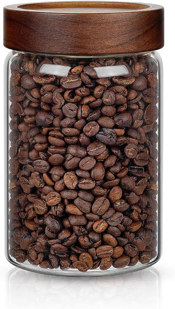 piconesper 1PC Glass Storage Jars with Airtight Lids, 28 fl oz (850ml) coffee container with Wooden Lid, Glass Pantry Canister for Beans, Rice, Sugar and etc
