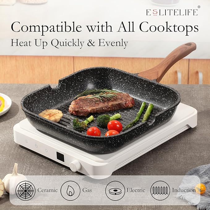 ESLITE LIFE Nonstick Grill Pan with Lid & Tongs for Stove Tops, 11 Inch Versatile Square Big Grilling Skillet Steak Pan with Pour Spouts for Indoor & Outdoor Cooking, PTFE & PFOA Free, Black