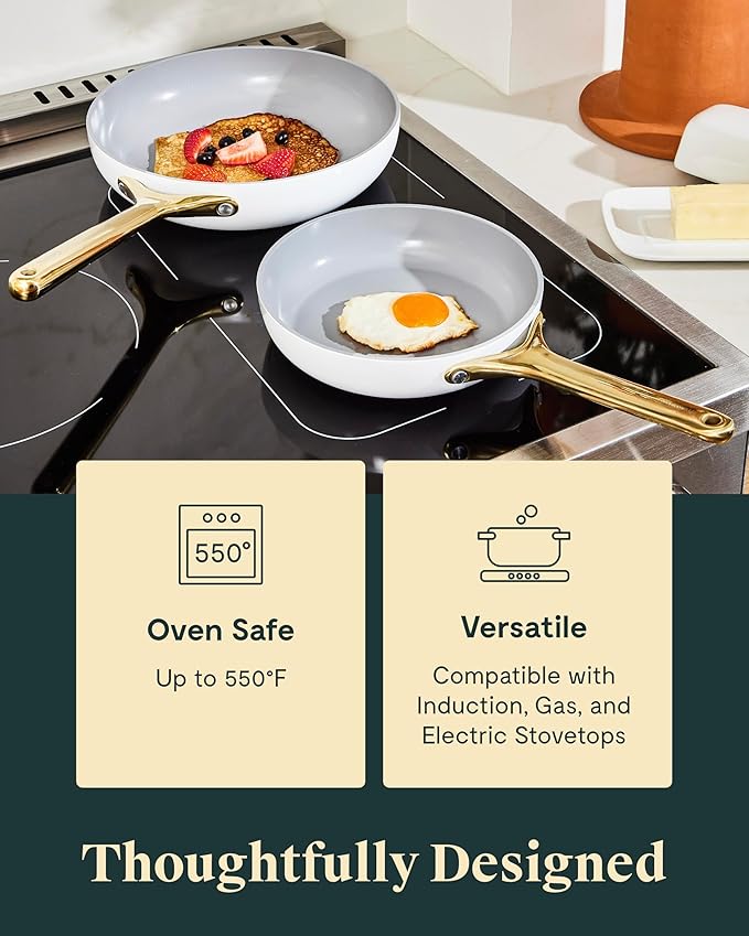 Caraway Ceramic Nonstick Fry Pan Set with Glass Lids – Includes Two 10.5” Fry Pans, One 8” Fry Pan, & Three Lids - Non Toxic, PTFE & PFOA Free - Oven Safe & Compatible with All Stovetops - Cream