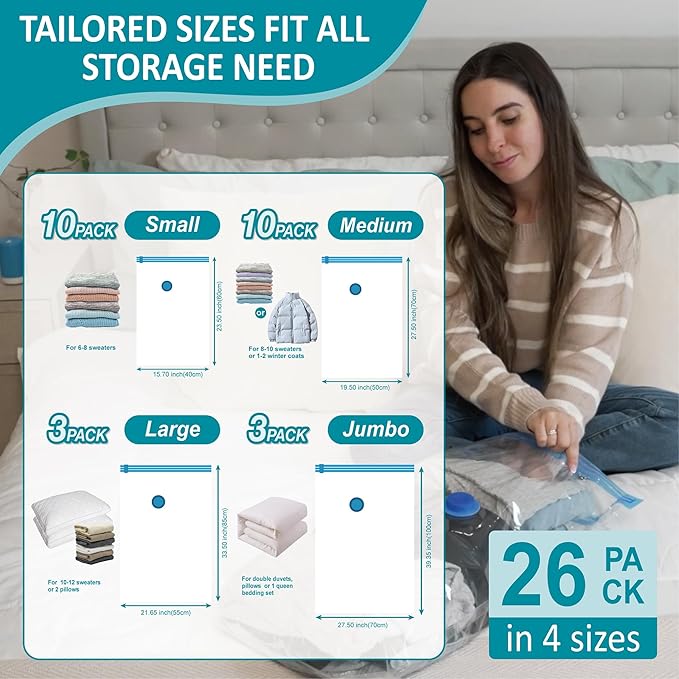 Cozy Essential Travel Vacuum Storage Bags with Rechargeable Cordless USB Pump, Space Saver Bags for Luggage, Suitcase, Carry-On, for Clothes, Blankets, Bedding & Seasonal Storage,26 Combo