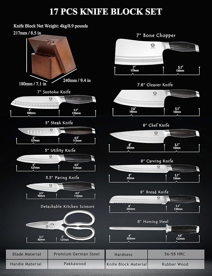 WILDMOK Kichen Knife Block Set, 17-piece Knife Set with Wooden Block German Steel Kitchen Knives Sets with Bone Chopper, Gift Box