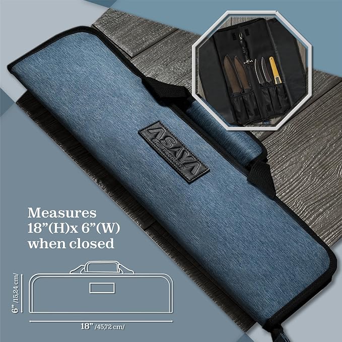 Asaya Chef Knife Roll Bag - 12-Pocket Chefs Case for Kitchen Knives and Utensils, Lightweight Stain-Resistant Waxed Nylon Chef Knife Bag - Knives Not Included (Blue)