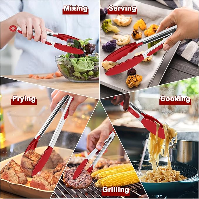 TeamFar Kitchen Tongs, 9"&12" Stainless Steel Heat Resistant Cooking Tongs
