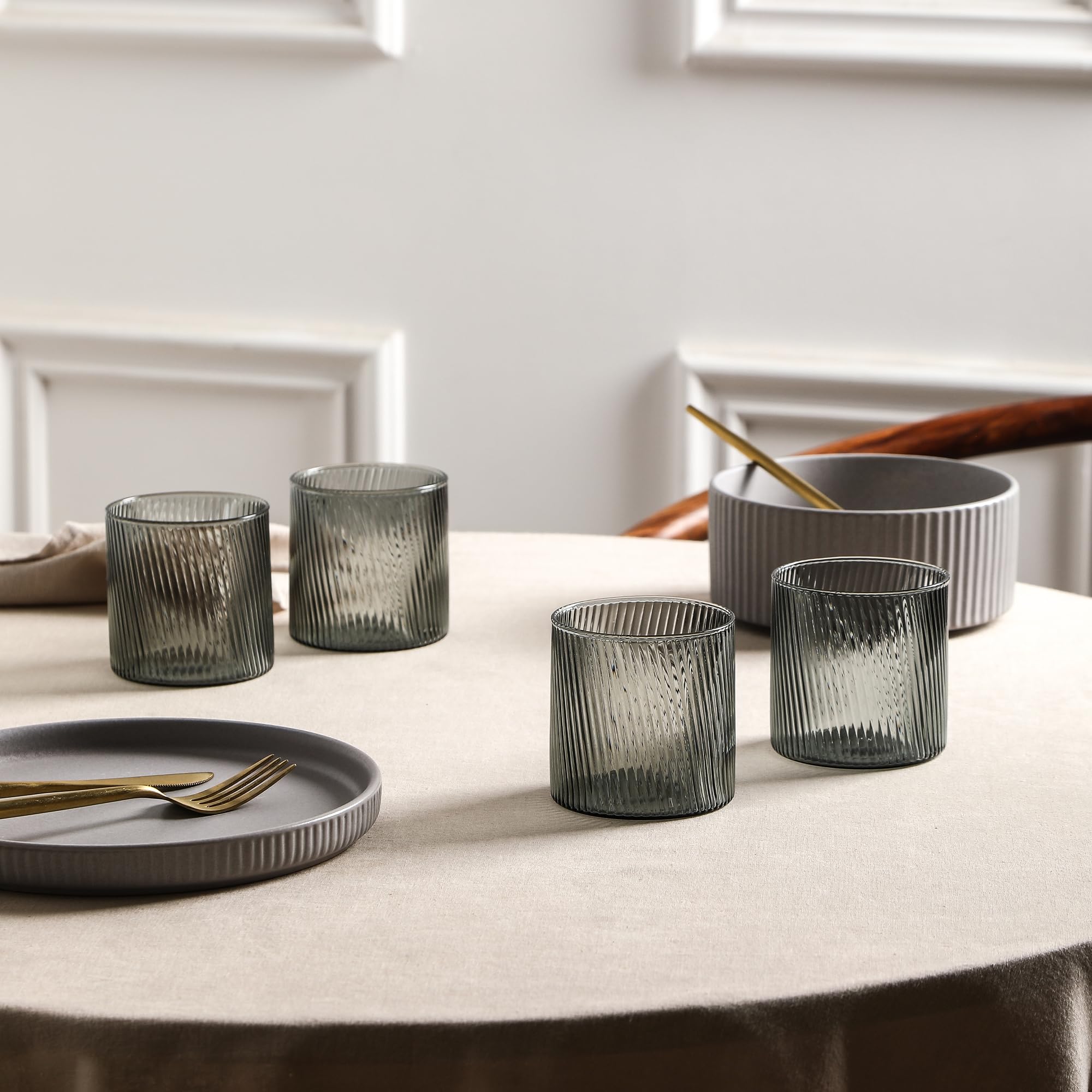 Stone Lain Haven Stoneware 32-Piece Dinnerware Set, Plates and Bowls Sets for 8, Grey Dish Set, Includes Dinner and Salad Plates, Cereal Bowls, Glassware, Microwave & Dishwasher Safe
