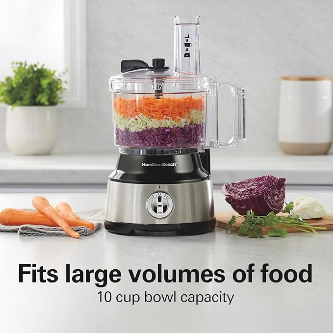 Hamilton Beach Food Processor & Vegetable Chopper for Slicing, Shredding, Mincing, and Puree, 10 Cups + Easy Clean Bowl Scraper, Stainless Steel (70730)