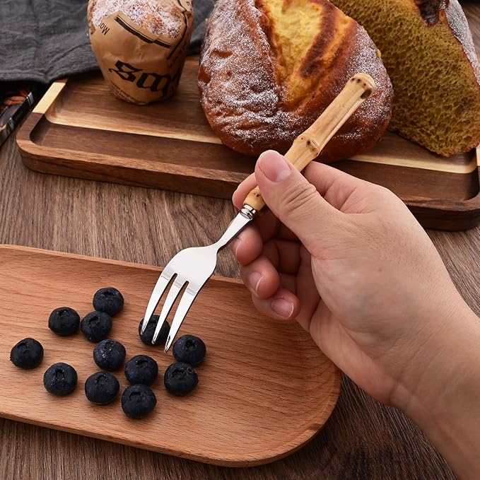 Uniturcky 8 PCS Small Fork, 6.3 Inches Stainless Steel Dessert Forks with Bamboo Handle, Kitchen Flatware Cutlery Set, Use for Tasting Cakes Fruits and Appetizer, Mirror Polished