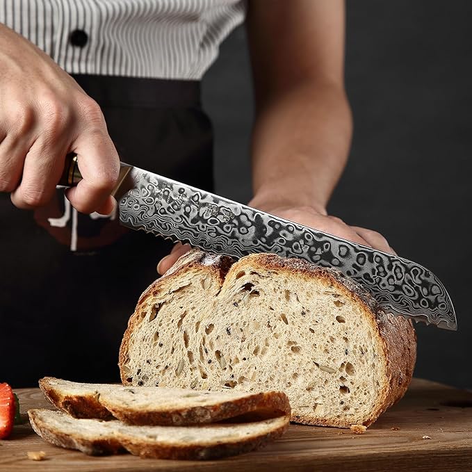 HEZHEN 8.3-Inch Bread Knife – 67 Layers Damascus Steel, Professional Serrated Slicer for Sourdough & Artisan Bread, Figured Sycamore Handle