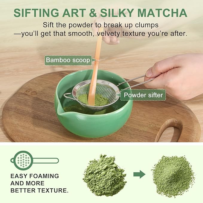 Matcha Whisk Set 5 Pcs, 18OZ Matcha Bowl With Thoughtful Spout, 100% Natural Bamboo Whisk, Ceramic Whisks Holder, 304 Stainless Sifter, Tea Scoop, Tea Spoon, Gift for Matcha Lovers Beginner