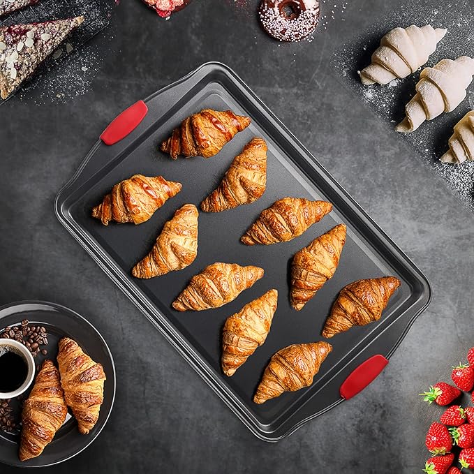 Eatex Nonstick Baking Sheet Set, 2-Piece Baking Pans Set with Silicone Handles, Carbon Steel Cookie Sheets for Baking Commercial Grade Quality Oven Tray, Jelly Roll/Quarter Sheet Pans for Baking