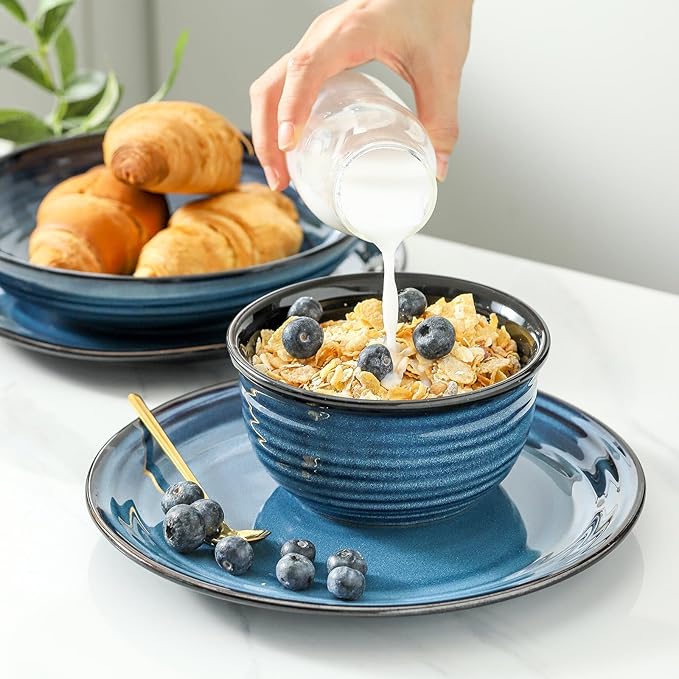 Hasense Ceramic Dinnerware Set, 12 Pieces Handmade Reactive Glaze Plate and Bowls Set of 4 (Plates, Pasta Dish, Cereal Bowls), Chip and Scratch Resistant Dinner Dishes Service, Navy Blue
