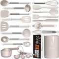 oannao Large Silicone Cooking Utensils Set - Heat Resistant Kitchen Utensils,Turner Tongs,Spatula,Spoon,Brush,Whisk,Stainless Steel Cooking Tool for Nonstick Cookware,Dishwasher Safe (Khaki)