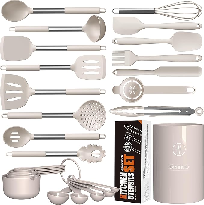 oannao Large Silicone Cooking Utensils Set - Heat Resistant Kitchen Utensils,Turner Tongs,Spatula,Spoon,Brush,Whisk,Stainless Steel Cooking Tool for Nonstick Cookware,Dishwasher Safe (Khaki)