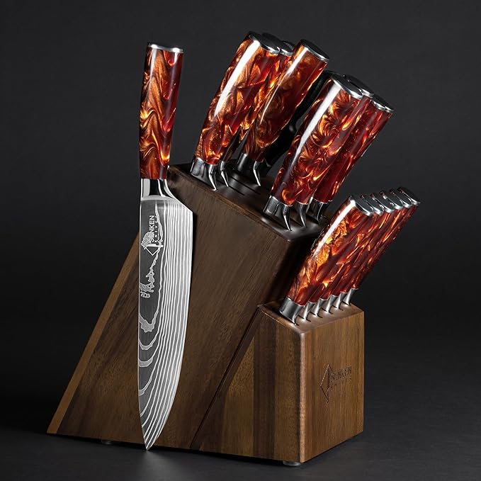 SENKEN 16-Piece Knife Block Set - Japanese High Carbon Stainless Steel with Damascus Pattern, Red Resin Handles, 6 Steak Knives & Acacia Hardwood Block (Red)