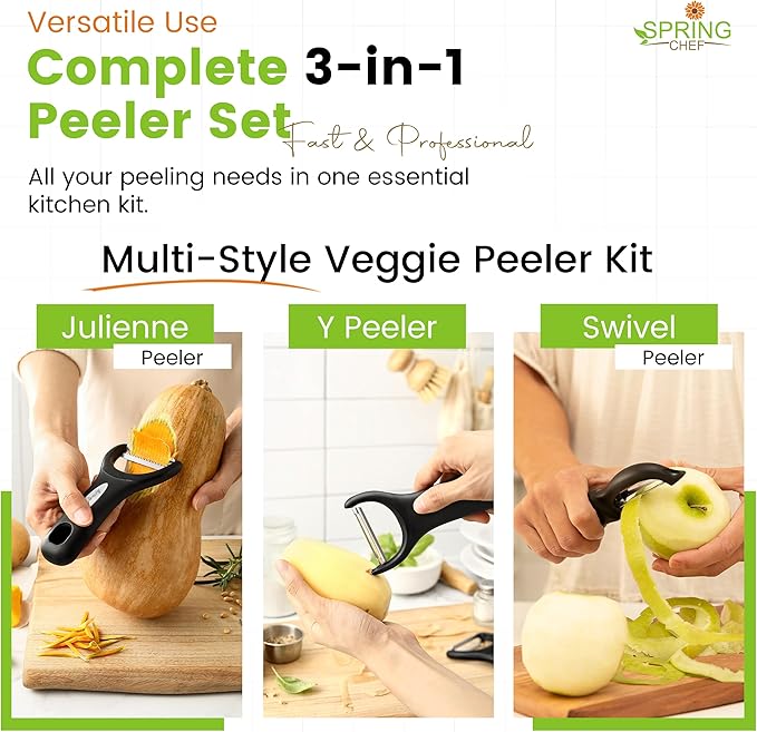 Spring Chef 3pcs Vegetable Peelers for Kitchen, Swivel, Y & Julienne Peeler