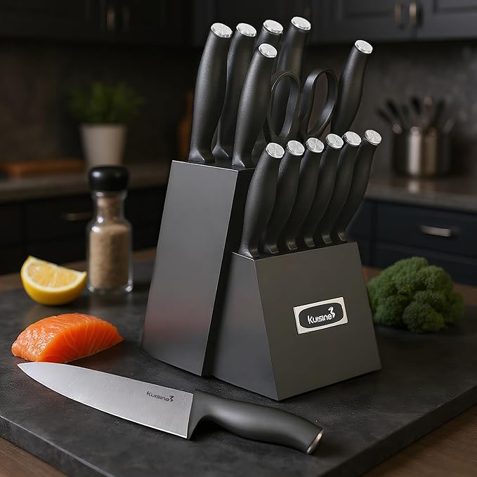 KUISINE Upgraded Chef Knife Set,High Carbon Stainless Steel Ultra Sharp Blade Ergonomic Handle,Kitchen Knife Block Set with Built-in Sharpener,Elegant Gift for Holiday(Silver Black,15PCS)