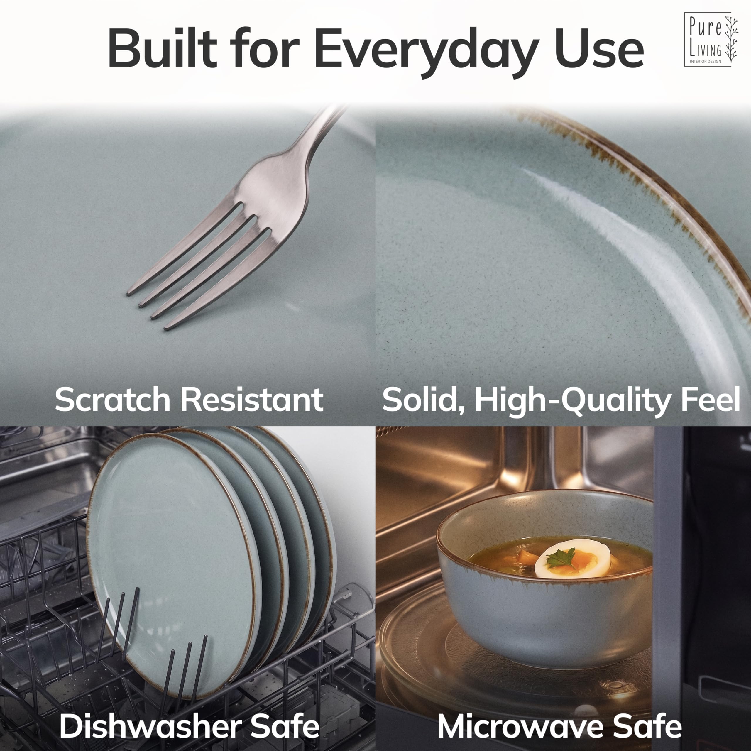 16 Piece Stoneware Dinnerware Set for 4 - Handmade Reactive Glaze Plates and Bowls Set - Chip & Scratch Resistant Dish Set - Dishwasher Microwave Safe - Rustic Smoke Blue