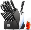 KnifeSaga Knife Set 15 Pcs High Carbon Stainless Steel Kitchen Knife Sets with Block & Sharpener, Premium Razor-Sharp Black Knives Block Set for Kitchen, Ergonomic Full-Tang Handle