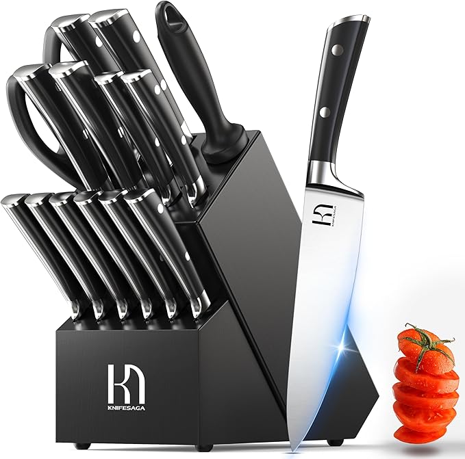 KnifeSaga Knife Set 15 Pcs High Carbon Stainless Steel Kitchen Knife Sets with Block & Sharpener, Premium Razor-Sharp Black Knives Block Set for Kitchen, Ergonomic Full-Tang Handle