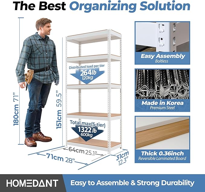 HOMEDANT White 28" W 5 Tier Storage Shelves Garage Shelving Unit Metal