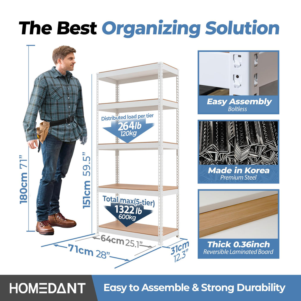 HOMEDANT White 28" W 5 Tier Storage Shelves Garage Shelving Unit Metal