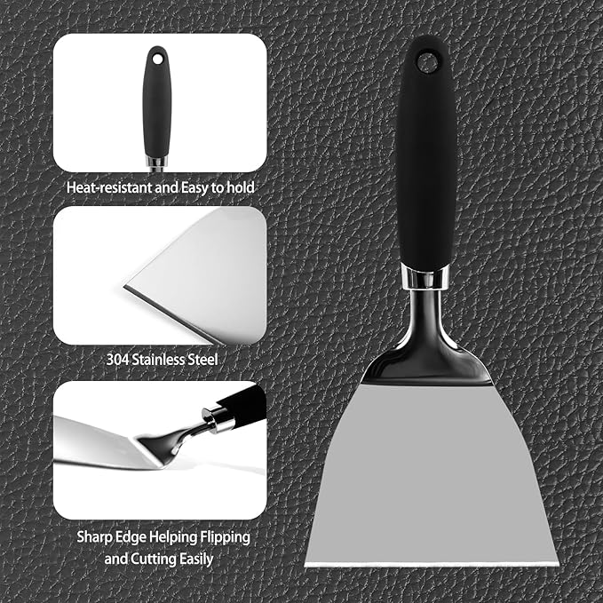 JXWING 9.8 Inch Wide Turner Spatula, 304 Stainless Steel for Grills, Black
