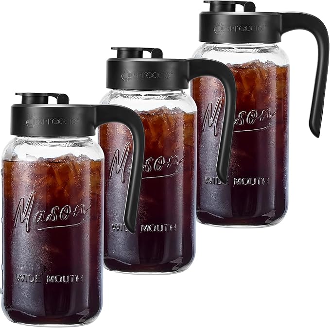 Spreccio Mason Jar Pitcher, 3 pcs 64 oz (2 quart), Glass Pitcher with Lid