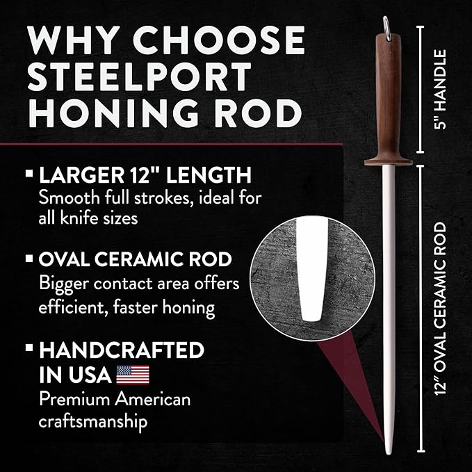STEELPORT 12" Oval Ceramic Honing Rod for Carbon & Stainless Steel Knives