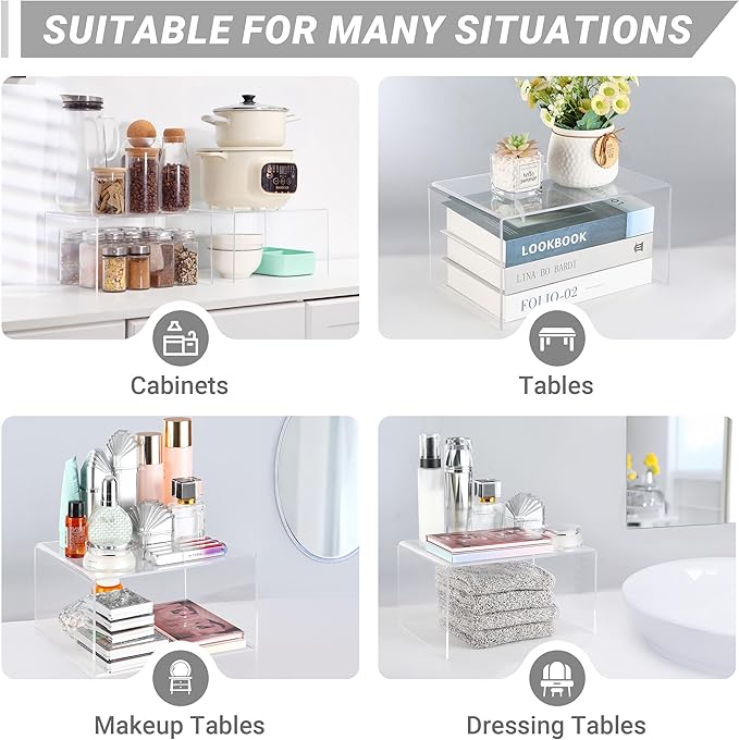 Clear Acrylic Cabinet Organizer Shelf 2Pcs, Stackable Cabinet Shelves, Dish Organizer for Cabinet, Kitchen Cabinet Organizer Riser, Pantry Cupboard Storage for Spice Bottles, Mugs, Small Plates & Jars