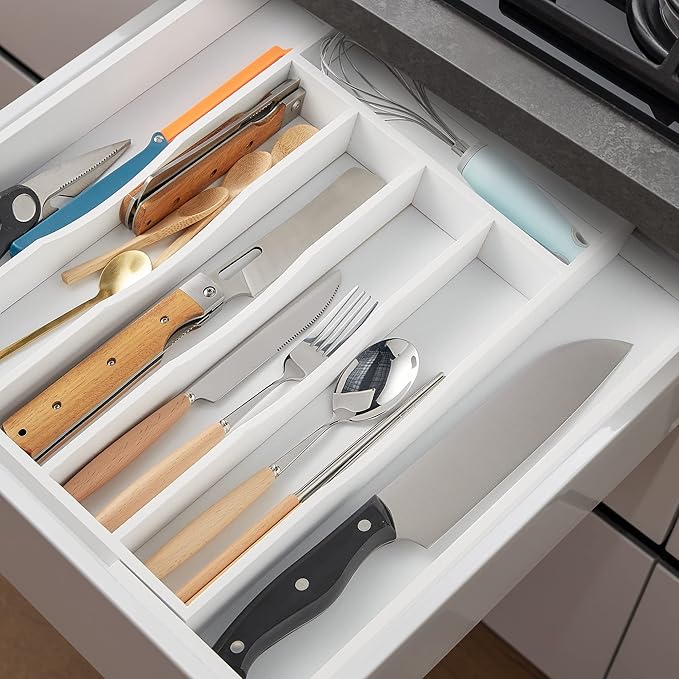 oridom Expandable Bamboo Kitchen Drawer Organizer for Cutlery and Utensils, Adjustable Bamboo Wood Cutlery Tray in Drawer for Flatware and Silverware in Kitchen, (White)
