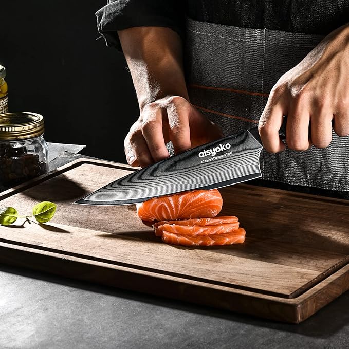 aisyoko Damascus Chef Knife 8 Inch Sharp Kitchen Knife Japan VG-10 Stainless Steel Carbon Ultra Sharp Kitchen Cooking Knife, Ergonomic G10 Handle Deluxe Gift Box