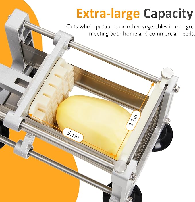 Sunvivi French Fry Cutter Stainless Steel Potato Slicer: with 2 Replaceable blades (1/2 & 3/8 Inch), Professional Fries Cutter for Potatoes, Carrots, Cucumber, Onion, Yam