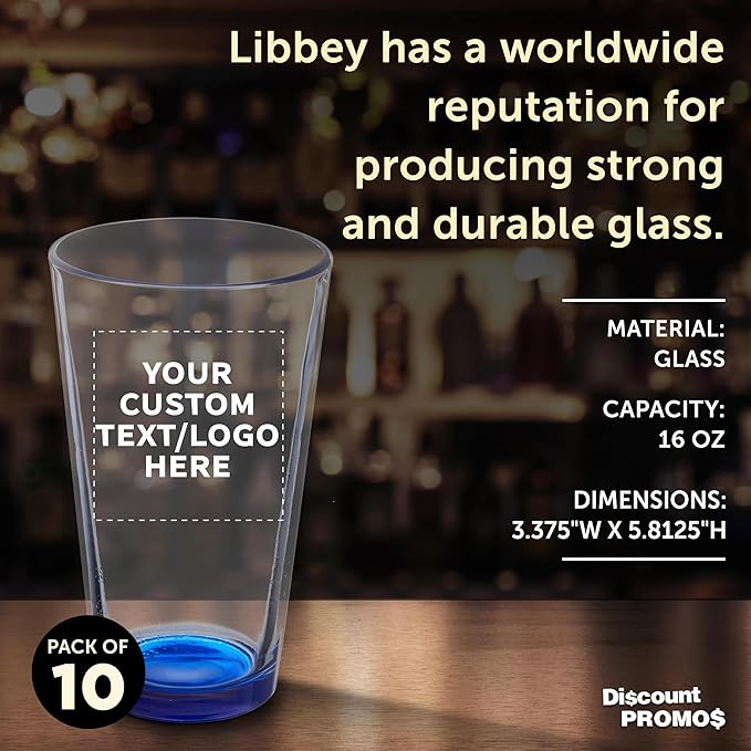 Custom Pint Glass 16 oz. Set of 10, Personalized Bulk Pack - Beer Glasses, Heavy Duty Drinkware - Blue