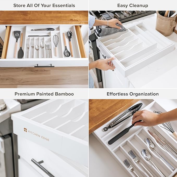 KitchenEdge Silverware & Utensil Drawer Organizer, 16-28 in, White Bamboo