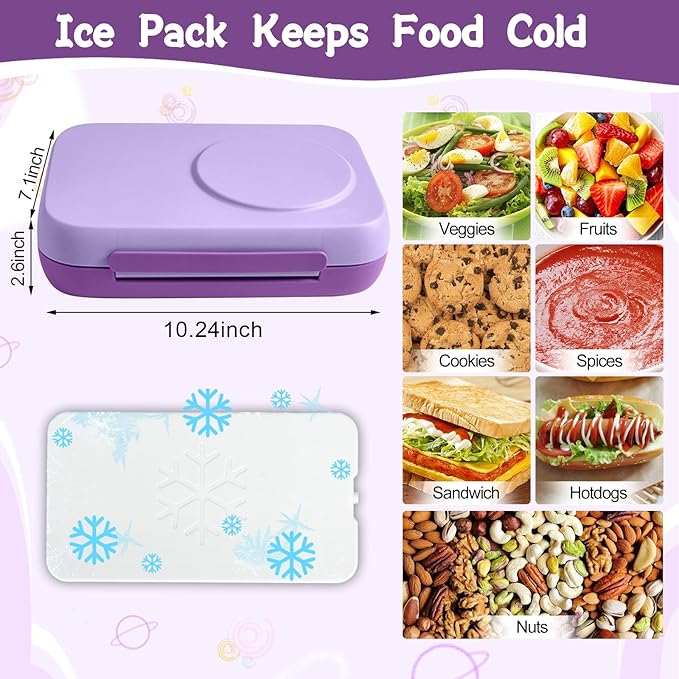 JXXM Bento Box for Kids,Kids Bento Lunch Box with Built-in Ice Pack for School,3 Compartments Leak Proof Lunch Container with Utensils for Girl Boy;BPA Free,Microwave & Dishwasher Safe, 44oz(Purple)