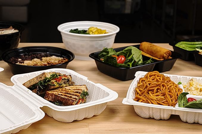 TIYA Clamshell Food Containers - White Bulk 200 Pack, 9x6 in - BPA-Free Mineral-Filled To-Go Containers - Reusable, Microwavable, Hinged, Tall Takeout Clamshells - Great for Meal Prep